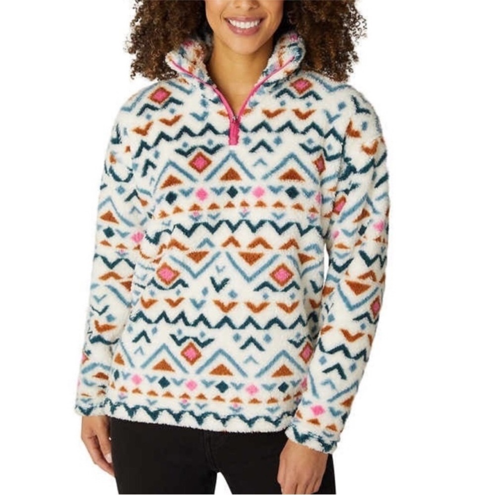 Eddie Bauer Pullover Tribal Aztec Boho Plush Teddy Fleece Size Large